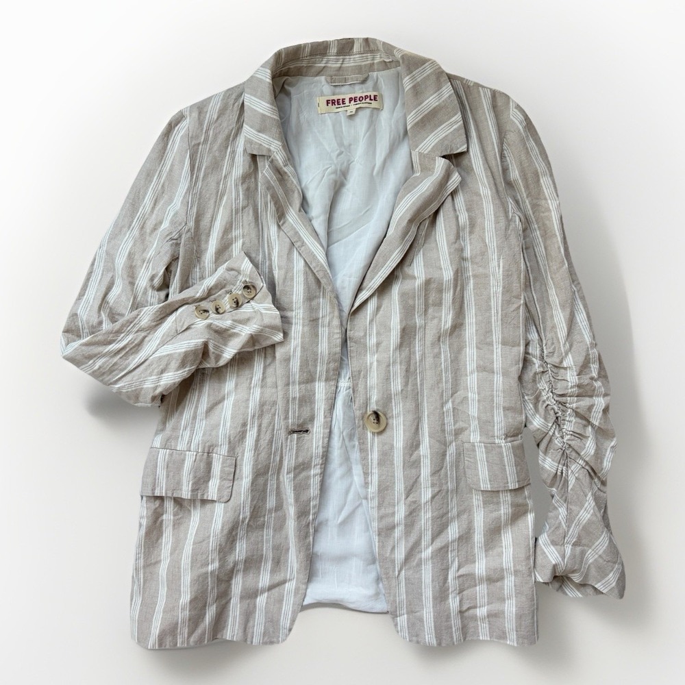 Free People Fern Linen Blazer Jacket Size XS Oversized Lagenlook Beige Boho